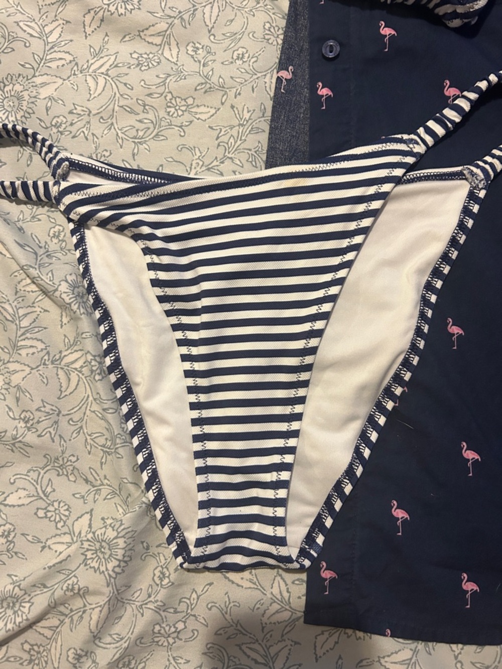 Navy Pink Flamingo Button-Up Shirt & Striped Bikini Set - Picture 2 of 11